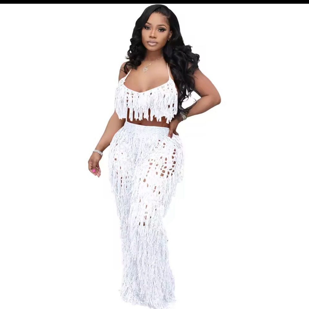 Crochet Tassel 2 Pieces Beach Outfits Cover ups Sexy Women Crop Tops +Long Pants